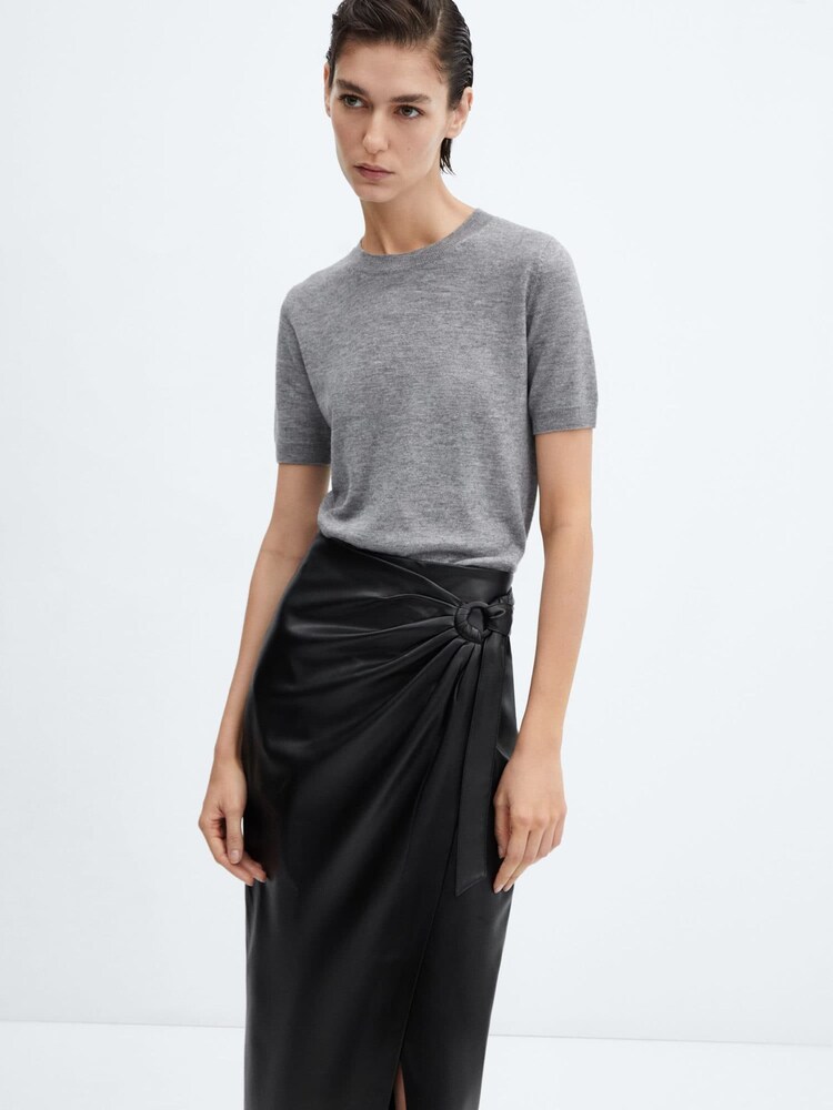 Mango Black Emilia Faux Leather Crossover Midi Skirt - Image 2 of 7