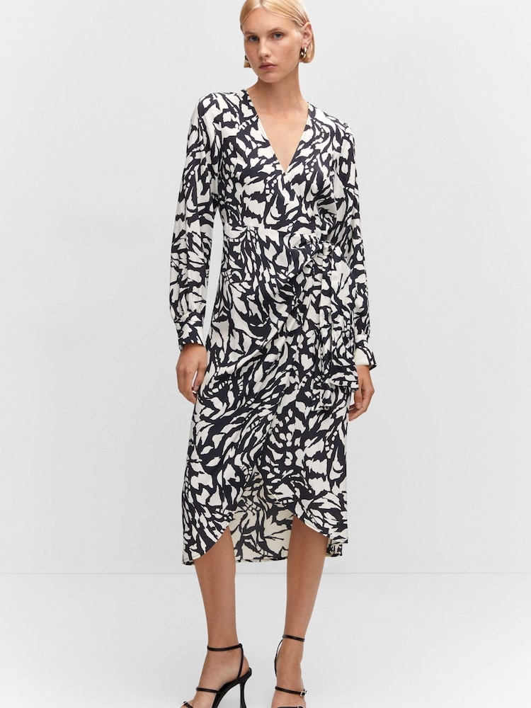 Mango Print Wrap Black Dress - Image 1 of 6 Mango Print Wrap Black Dress - Image 1 of 6