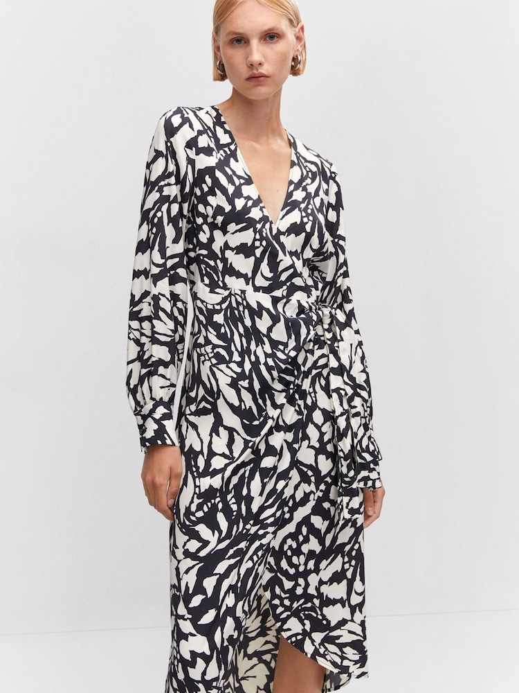 Mango Print Wrap Black Dress - Image 2 of 6 Mango Print Wrap Black Dress - Image 2 of 6