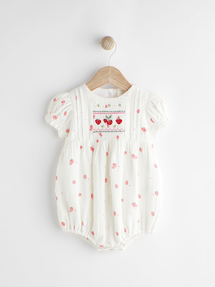 White Embroidered Strawberries Bloomer Romper (0mths-2yrs) - Image 1 of 7