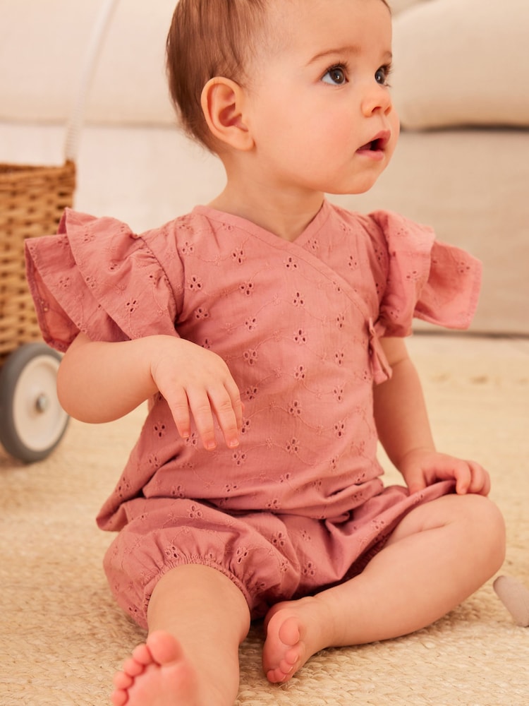 Pink Broderie Baby Wrap Romper (0mths-3yrs) - Image 1 of 11