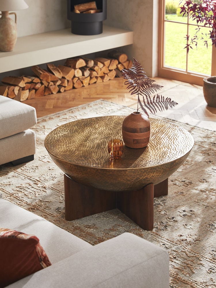 Gold Hammered Drum Mango Wood Coffee Table - Image 1 of 5