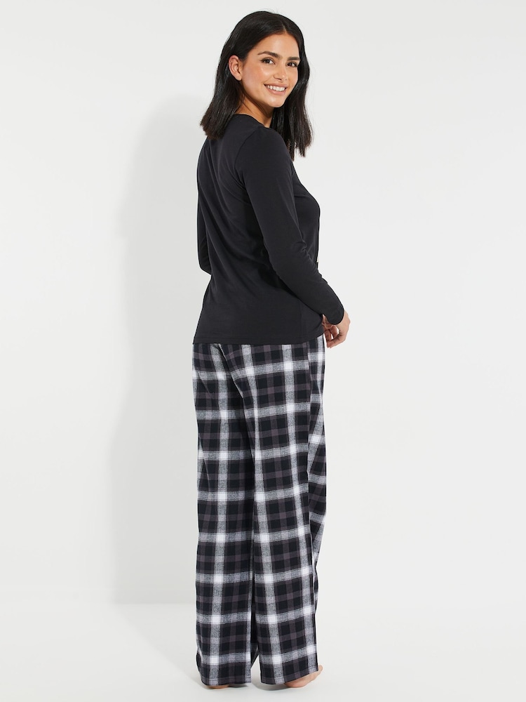Noir/Blanc - Threadbare 100% Coton Manches longues Noël Check Pyjamas Ensemble - Image 3 of 5