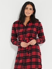 Threadbare Red 100% Cotton Check Festive Shirt Dress - Image 3 of 6