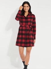 Threadbare Red 100% Cotton Check Festive Shirt Dress - Image 4 of 6