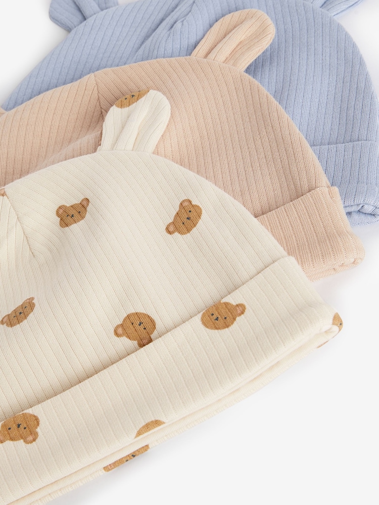 Neutral Baby Bear Ear Beanie 100% Cotton Hats 3 Pack (0mths-2yrs) - Image 5 of 5