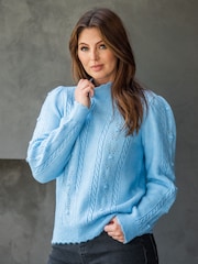 Pour Moi Blue Marina Pointelle High Neck Knit Jumper - Image 1 of 4