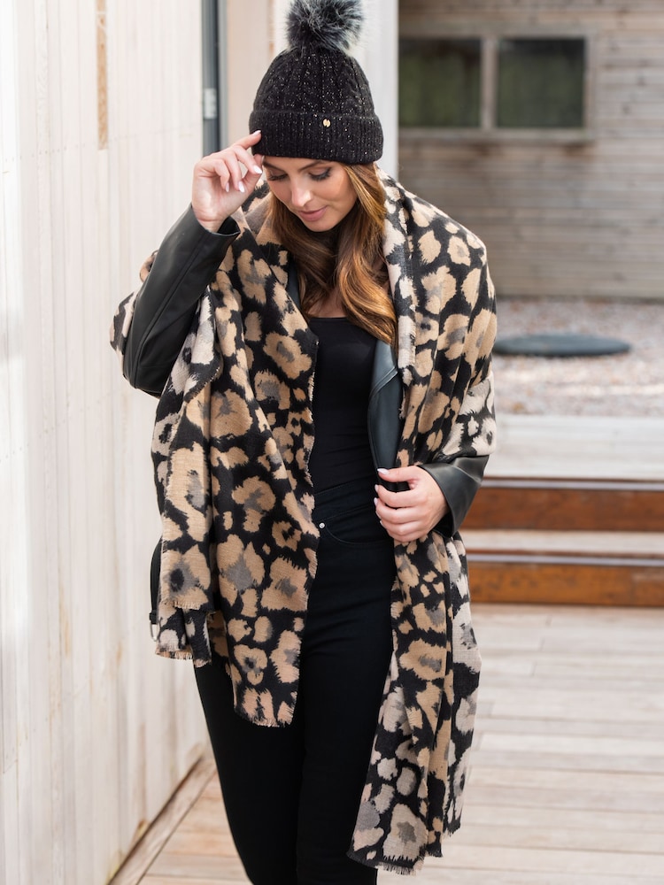 Pour Moi Black Oversized Leopard Print Supersoft Scarf - Image 1 of 3