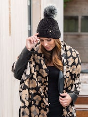 Pour Moi Black/Grey Winter Cable Knit Sparkle Pom Bobble Hat - Image 1 of 4