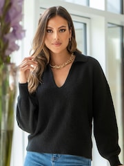 Pour Moi Black Kerry V Neck Textured Knit Collared Jumper - Image 1 of 4