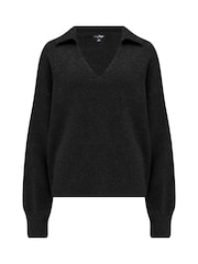 Pour Moi Black Kerry V Neck Textured Knit Collared Jumper - Image 3 of 4