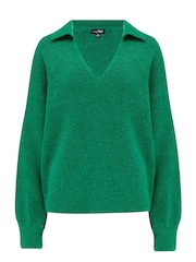 Pour Moi Green Kerry V Neck Textured Knit Collared Jumper - Image 3 of 4