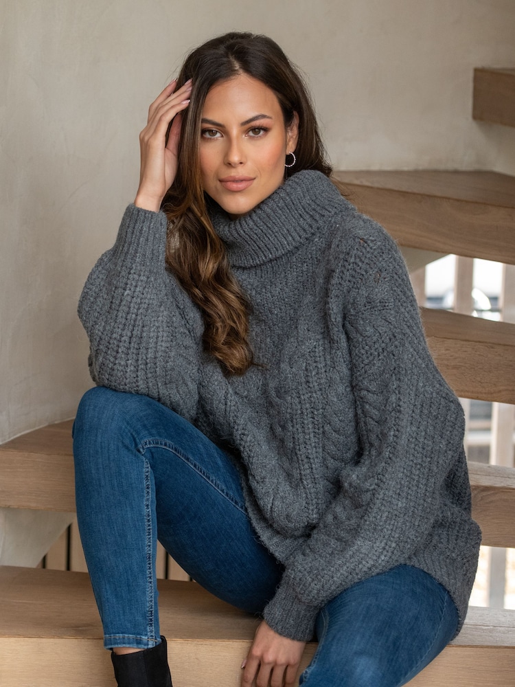 Pour Moi Grey Alice Chunky Cable Knit Rollneck Knit Jumper - Image 1 of 4