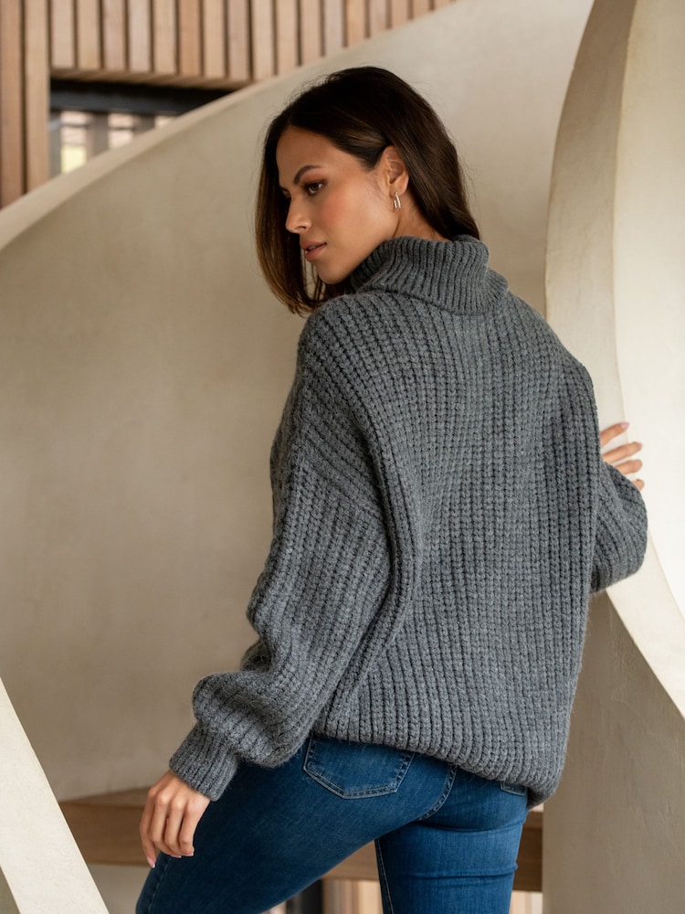Pour Moi Grey Alice Chunky Cable Knit Rollneck Knit Jumper - Image 2 of 4