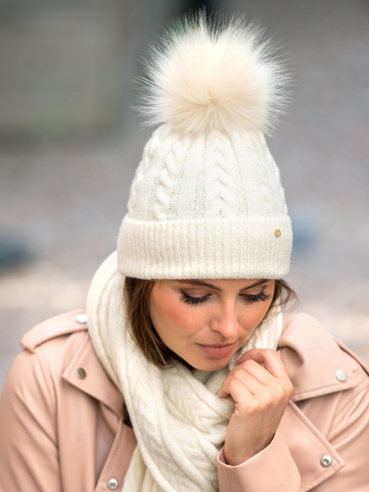Pour Moi Cream Cable Knit Contrast Pom Beanie Hat - Image 1 of 3