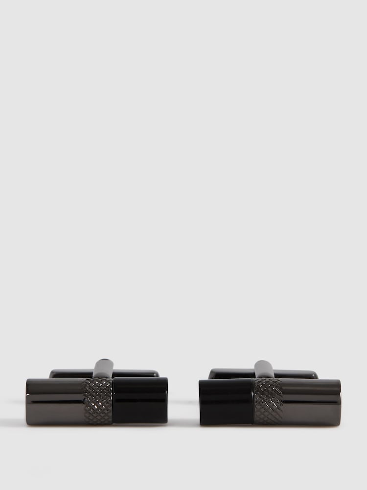 Reiss Gunmetal/Onyx Dexter Stone Insert Barrel Cufflinks - Image 1 of 6 Reiss Gunmetal/Onyx Dexter Stone Insert Barrel Cufflinks - Image 1 of 6