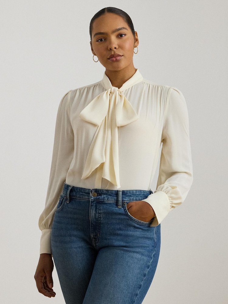 Lauren Ralph Lauren Cream Klaryce Georgette Pussy Bow Blouse - Image 1 of 8 Lauren Ralph Lauren Cream Klaryce Georgette Pussy Bow Blouse - Image 1 of 8