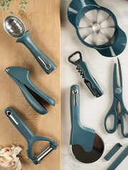 Fusion Blue Set of 4 Can Opener, Multi Peeler, Pizza Cutter and Garlic Press - Image 1 of 4