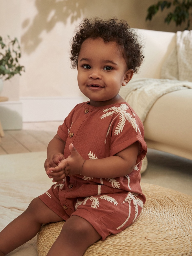Rust Palm Tree Woven Baby Romper (0mths-2yrs) - Image 2 of 12 Rust Palm Tree Woven Baby Romper (0mths-2yrs) - Image 2 of 12