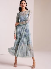 Pale Blue Long Sleeve Foil Pleated Midi Dress - Image 1 of 6