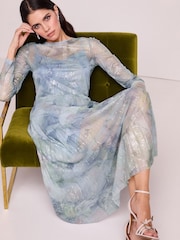 Pale Blue Long Sleeve Foil Pleated Midi Dress - Image 2 of 6