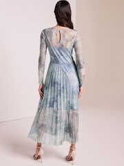Pale Blue Long Sleeve Foil Pleated Midi Dress - Image 3 of 6