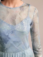 Pale Blue Long Sleeve Foil Pleated Midi Dress - Image 4 of 6