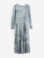 Pale Blue Long Sleeve Foil Pleated Midi Dress - Image 5 of 6