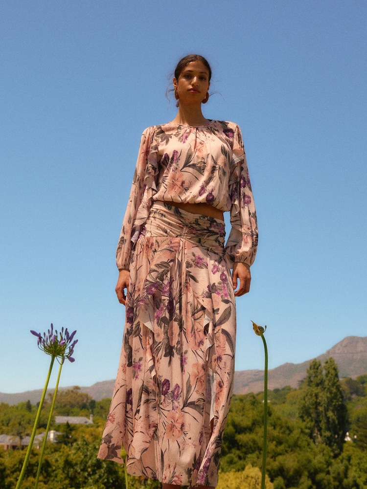 Blush Pink Floral Print Crinkle Mesh Maxi Skirt - Image 1 of 6