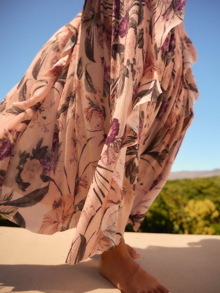 Blush Pink Floral Print Crinkle Mesh Maxi Skirt - Image 4 of 6