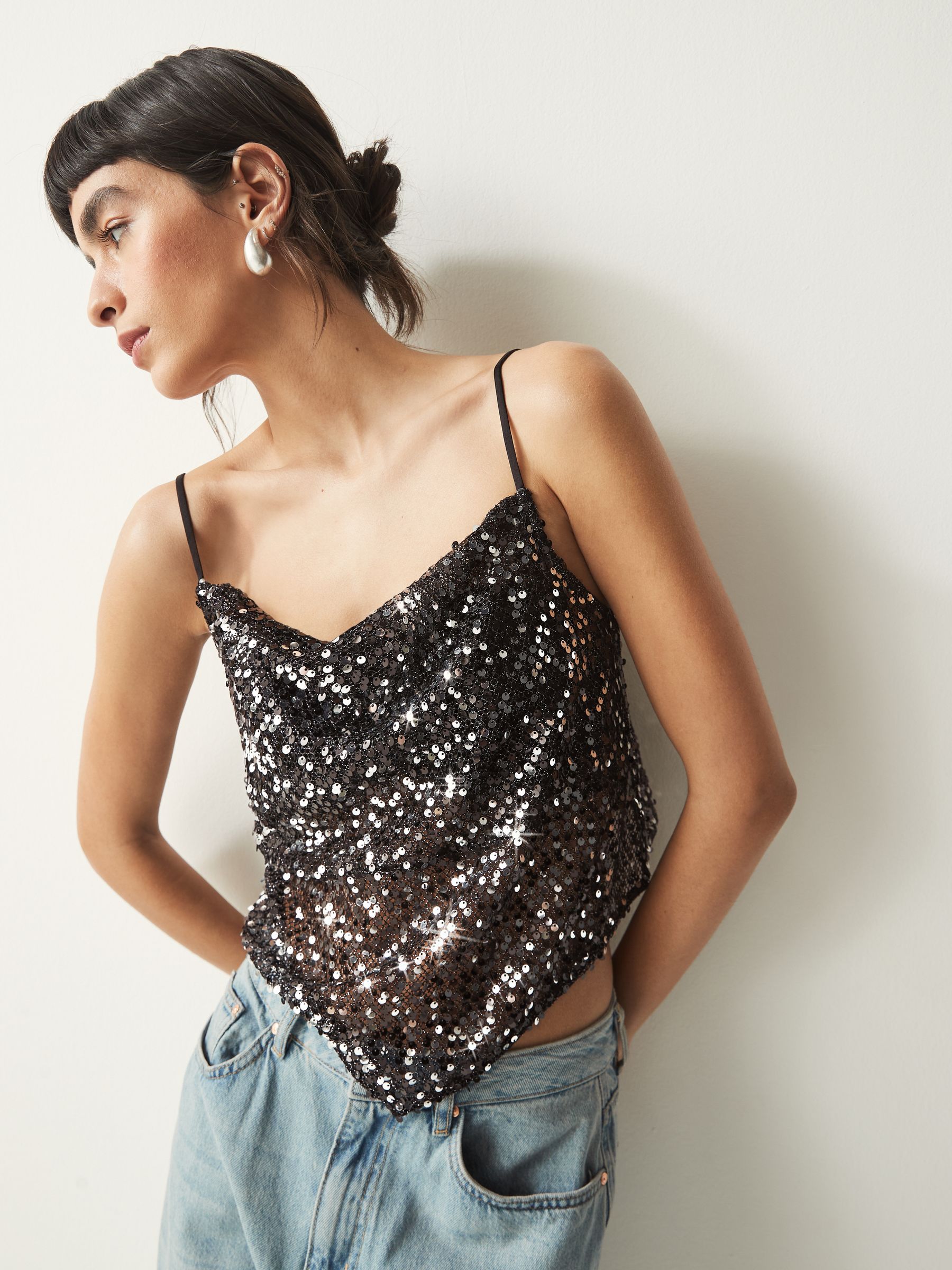 Buy Black Sequin Scarf Cami Top from Next Luxembourg