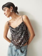 Black Sequin Scarf Cami Top - Image 1 of 7