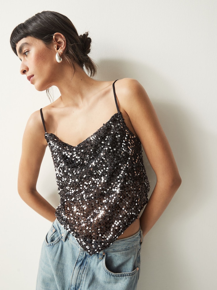 Black Sequin Scarf Cami Top - Image 1 of 7