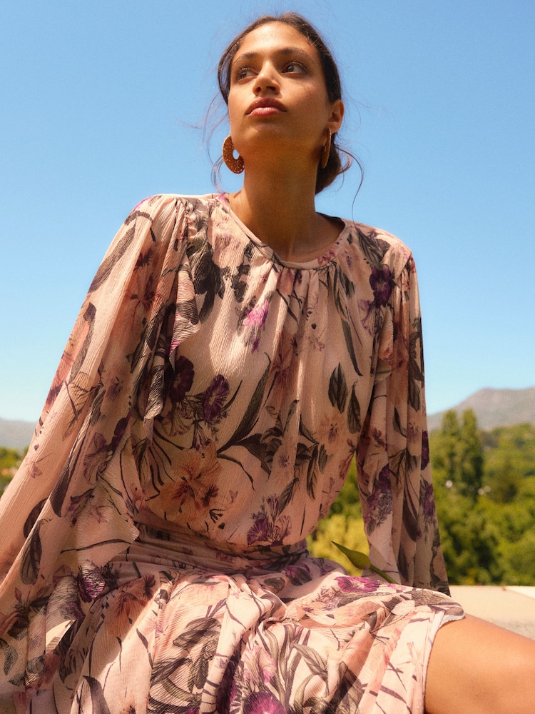 Blush Pink Floral Print Crinkle Mesh Bubblehem Blouse - Image 1 of 8