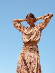 Blush Pink Floral Print Crinkle Mesh Bubblehem Blouse - Image 6 of 8