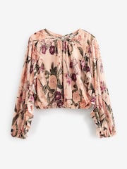 Blush Pink Floral Print Crinkle Mesh Bubblehem Blouse - Image 7 of 8