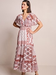 Red and White Print Angel Sleeve Tiered Maxi Dress - Image 1 of 6