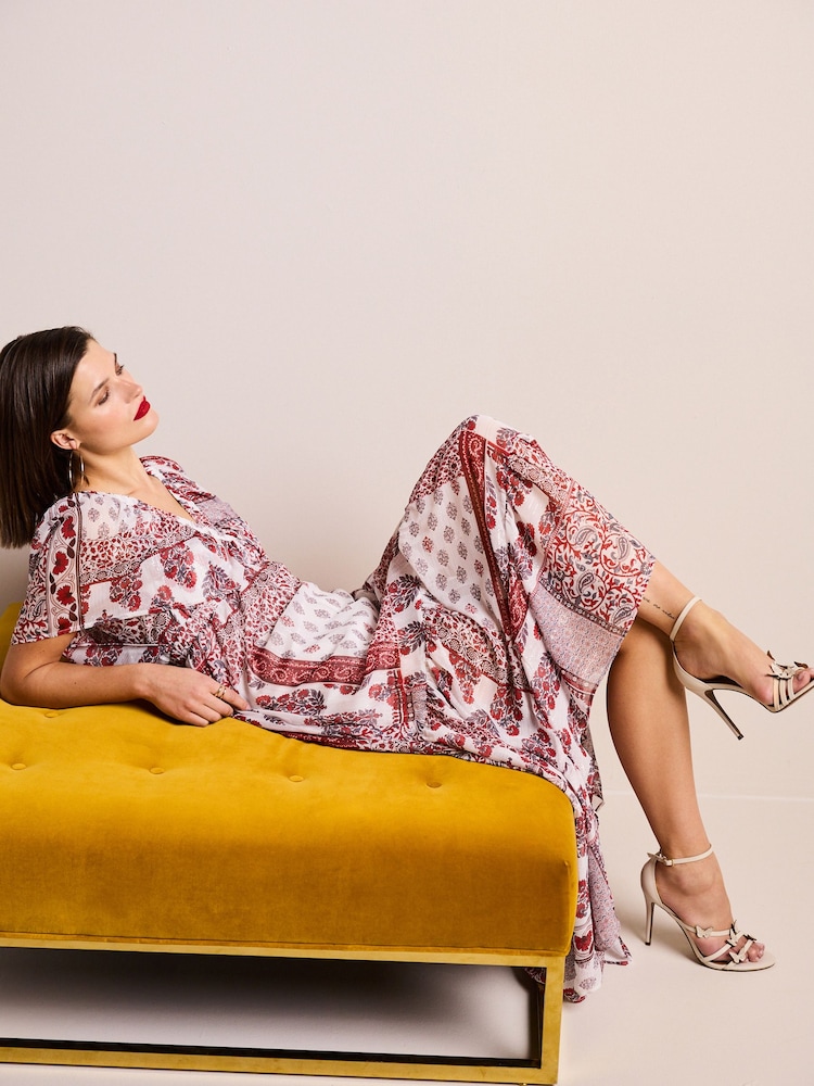 Red and White Print Angel Sleeve Tiered Maxi Dress - Image 2 of 6