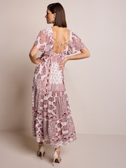Red and White Print Angel Sleeve Tiered Maxi Dress - Image 3 of 6