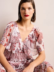 Red and White Print Angel Sleeve Tiered Maxi Dress - Image 4 of 6