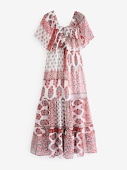 Red and White Print Angel Sleeve Tiered Maxi Dress - Image 5 of 6