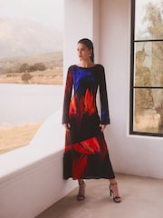 Black With Bright Abstract Floral Long Sleeve Column Maxi Dress - Image 2 of 6