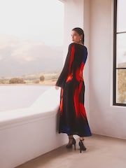Black With Bright Abstract Floral Long Sleeve Column Maxi Dress - Image 3 of 6
