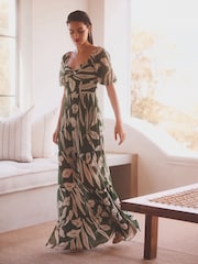 Green and White Leaf Print Short Sleeve Ocassion Maxi Dress - Image 1 of 6