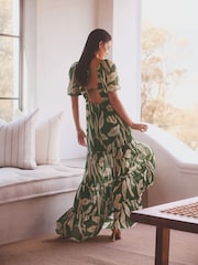 Green and White Leaf Print Short Sleeve Ocassion Maxi Dress - Image 2 of 6
