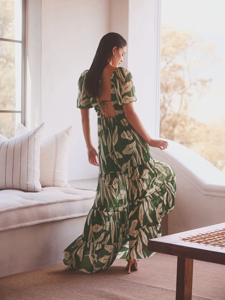 Green and White Leaf Print Short Sleeve Ocassion Maxi Dress - Image 2 of 6