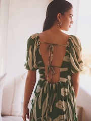 Green and White Leaf Print Short Sleeve Ocassion Maxi Dress - Image 3 of 6