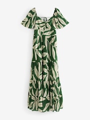 Green and White Leaf Print Short Sleeve Ocassion Maxi Dress - Image 5 of 6