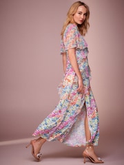 Multi Floral Print Square Neck Ruffle Midi Dress - Image 1 of 6