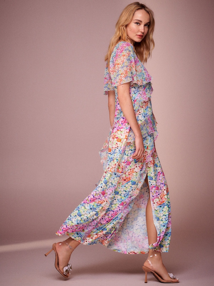 Multi Floral Print Square Neck Ruffle Midi Dress - Image 1 of 6